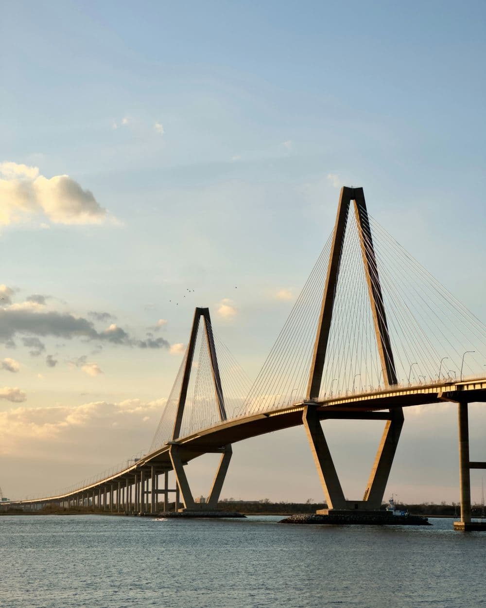 The Arthur Ravenel Jr. Bridge over the Cooper River in Charleston at golden hour.
